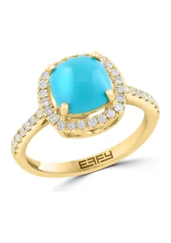 Coupon ✨ 1/4 ct. t.w. Diamond and Turquoise Square Ring in 14K Yellow Gold by Effy® 🎁