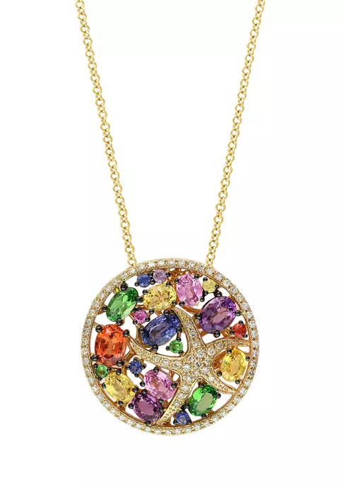 Deals 🔔 1/5 ct. t.w. Diamond and 3.36 ct. t.w. Multi Sapphire Round Pendant Necklace in 14K Yellow Gold by Effy® 🤩 1 Deals 🔔 1/5 ct. t.w. Diamond and 3.36 ct. t.w. Multi Sapphire Round Pendant Necklace in 14K Yellow Gold by Effy® 🤩