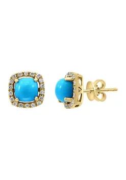 Coupon 🧨 1/5 ct. t.w. Diamond and Turquoise Stud Earrings in 14K Yellow Gold by Effy® 🥰