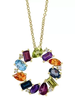 Budget ❤️ 1/10 ct. t.w. Diamond and 3.91 ct. t.w. Multi Color Gemstone Circle Pendant Necklace in 14K Yellow Gold by Effy® 🥰