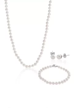Hot Sale 🥰 Sterling Silver Freshwater Pearl Necklace, Earrings and Bracelet Set by Effy® 🔔
