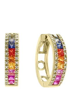 Hot Sale 🎁 1/4 ct. t.w. Diamond, 2.39 ct. t.w. Multi Sapphire, Natural Ceylon Sapphire, Green Sapphire, Orange Sapphire, Pink Sapphire, Yellow Sapphire Earrings in 14k Yellow Gold by Effy® 🎉