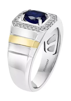 New 🎉 Men's 1.42 ct. t.w. Natural Sapphire and 1/5 ct. t.w. Diamond Ring in 14K Yellow Gold and Sterling Silver by Effy® 👍