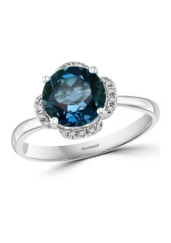 Hot Sale 🎉 1/10 ct. t.w. Diamond and 2 ct. t.w. London Blue Topaz Flower Ring in 14K White Gold by Effy® 🎉