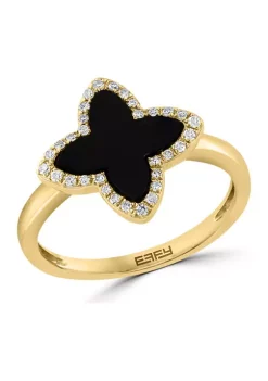 Coupon 🎉 1/10 ct. t.w. Diamond and Onyx Ring in 14K Yellow Gold by Effy® 🔔