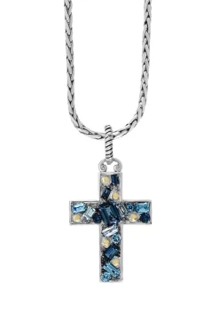 Hot Sale 🎉 925 Sterling Silver/18K Yellow Gold 4.11 ct. t.w. Blue Topaz, London Blue Topaz, and Sky Blue Topaz Cross Pendant Necklace by Effy® 👏
