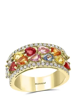 Best Sale 🌟 3/7 ct. t.w. Diamond, 2.70 ct. t.w. Multi Sapphire, Natural Ceylon Sapphire, Green Sapphire, Orange Sapphire, Pink Sapphire, Yellow Sapphire Ring in 14k Yellow Gold by Effy® 💯 -Effy® Sales Shop Belk 3498