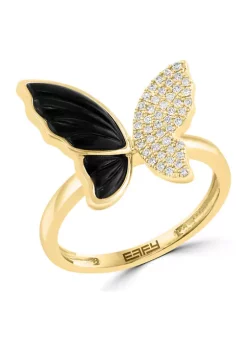 Cheapest 🎉 1/8 ct. t.w. Diamond and Onyx Butterfly Ring in 14K Yellow Gold by Effy® 🎁 -Effy® Sales Shop Belk 4614