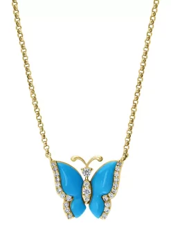 Cheap ❤️ 1/10 ct. t.w. Diamond and 1 ct. t.w. Turquoise Butterfly Necklace in 14K Yellow Gold by Effy® 🎁 -Effy® Sales Shop Belk 5501