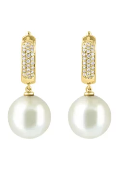 Best Sale ❤️ 3/8 ct. t.w. Diamond and 14.5 Millimeter Freshwater Pearl Earrings in 14K Yellow Gold by Effy® 🥰