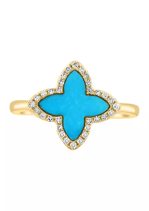 Outlet 🧨 1/10 ct. t.w. Diamond and Turquoise 4 Point Ring in 14K Yellow Gold by Effy® ✨ 2 Outlet 🧨 1/10 ct. t.w. Diamond and Turquoise 4 Point Ring in 14K Yellow Gold by Effy® ✨ - Image 2