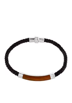Best Sale 👏 Men's Sterling Silver Tiger Eye and Braided Leather Bracelet by Effy® ⌛
