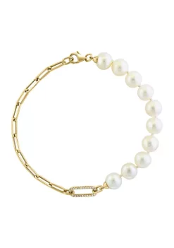 Outlet 👍 1/10 ct. t.w. Diamond and Freshwater Pearl Bracelet in 14K Yellow Gold by Effy® 🥰